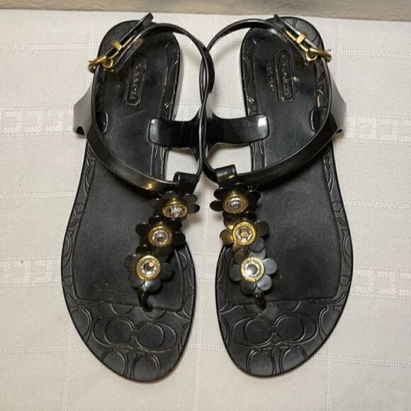 Coach Paisley Floral Jewel Black T Strap Jelly Thong Sandals Summer Size 7 - Picture 7 of 12